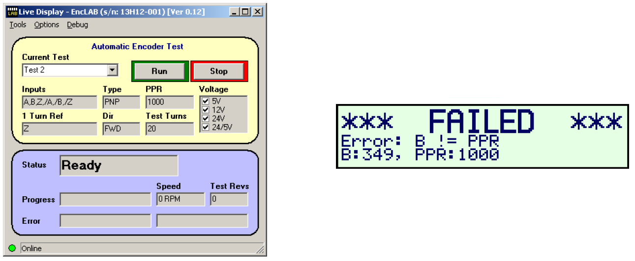 EncoderLAB software screen on a PC when operating in AUTO TEST FUNCTION (left), EncoderLAB-02 LCD screen after an AUTO TEST (right)